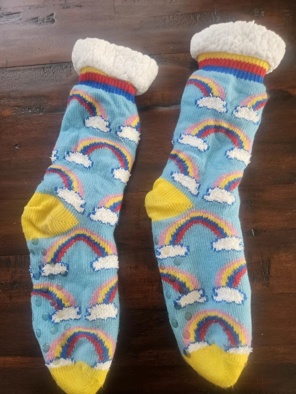 Cozy Rainbow Fuzzy Lined Socks - Blue & Yellow